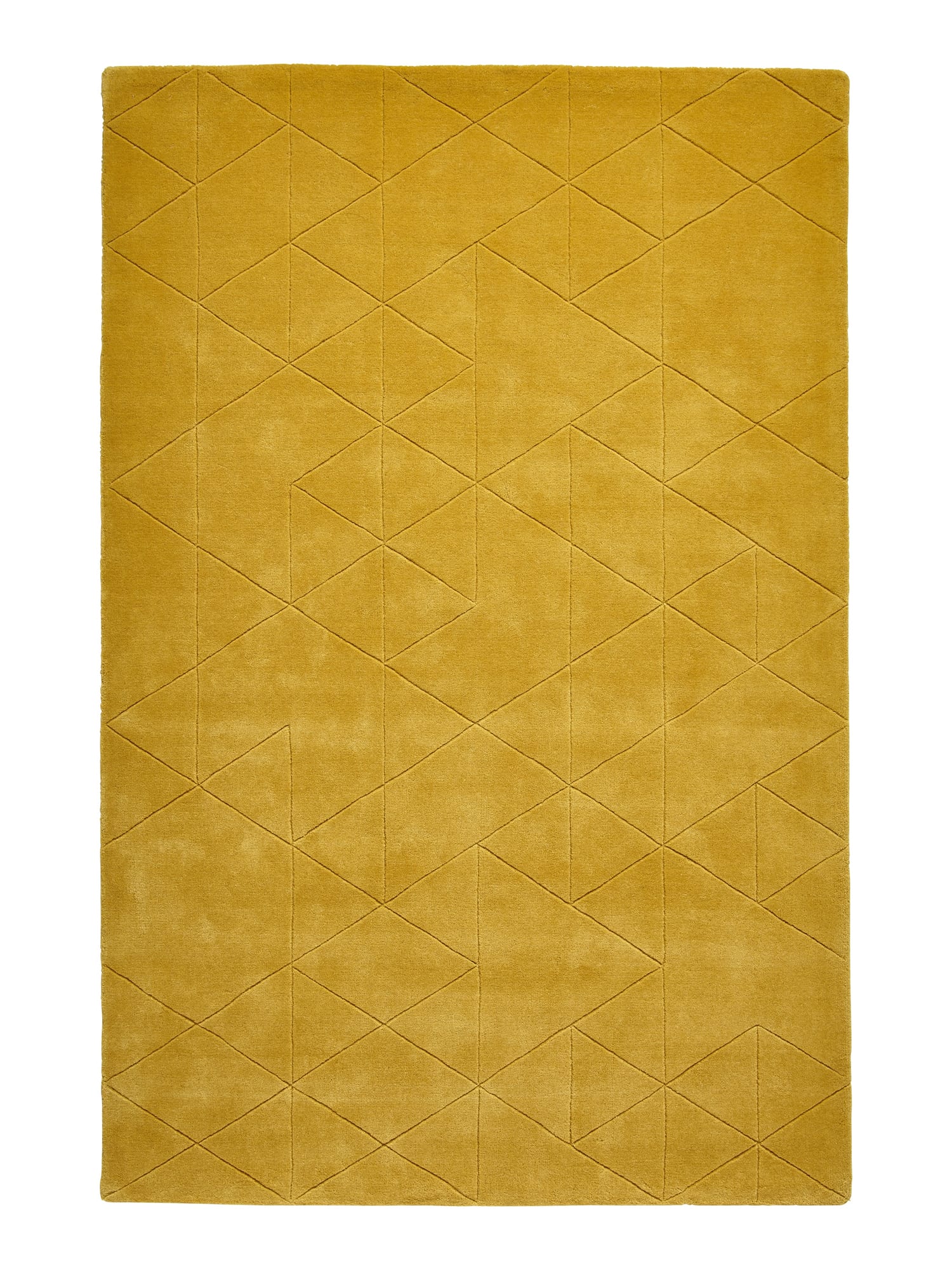 Kasbah rectangular rug shown flat in ochre, with fine intersecting geometric outlines.