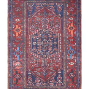 Kashmar Floral Border rectangular rug shown flat in red, with dense floral motifs within several patterned borders.