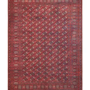 Kashmar Geometric Rows rectangular rug shown flat in red, with rows of small geometric motifs and narrow patterned borders.