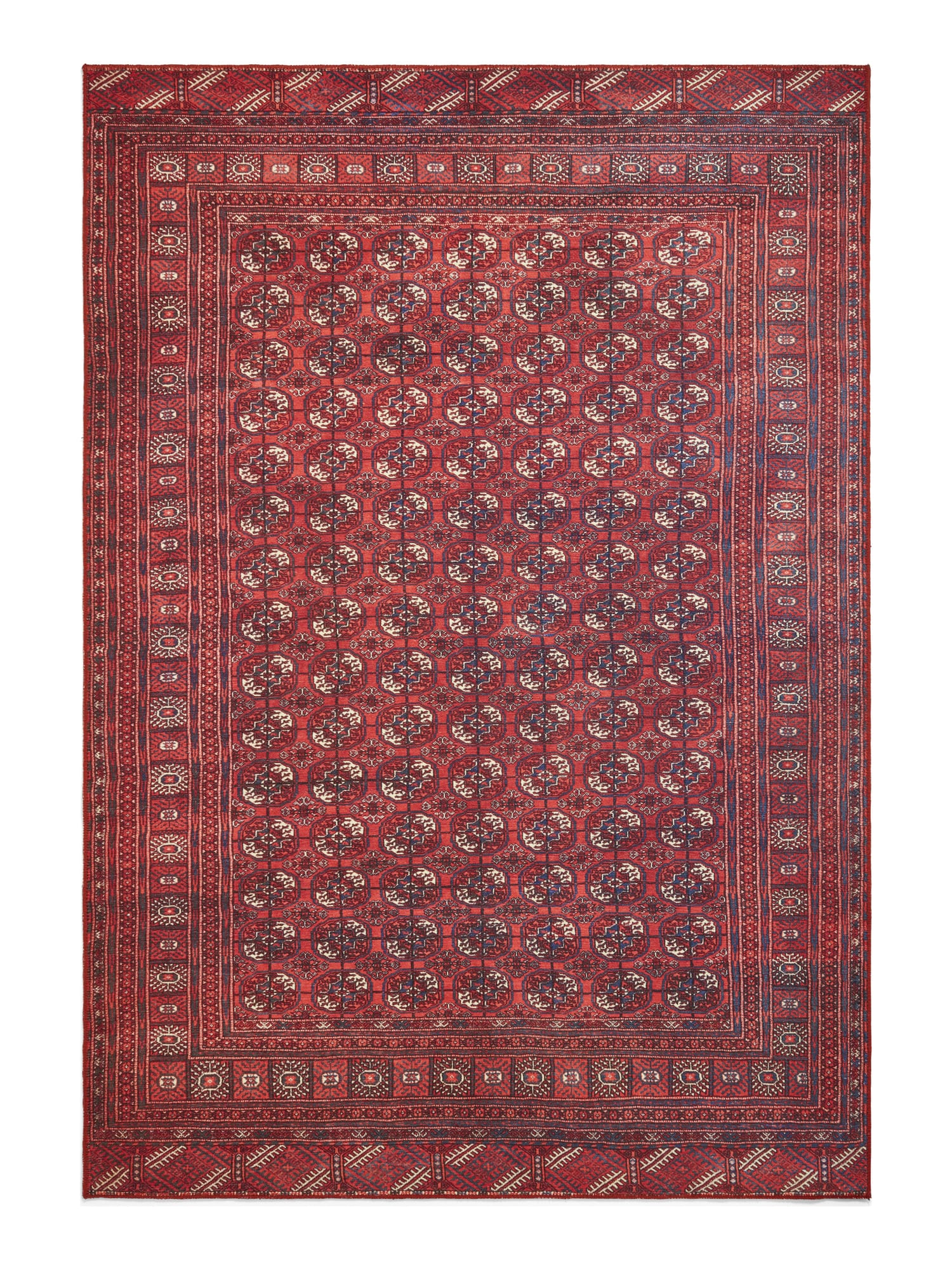 Kashmar Geometric Rows rectangular rug shown flat in red, with rows of small geometric motifs and narrow patterned borders.