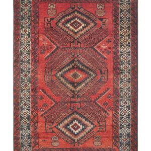 Kashmar Triple Medallion rectangular rug shown flat in red, with three large stepped medallions and a dark patterned border.