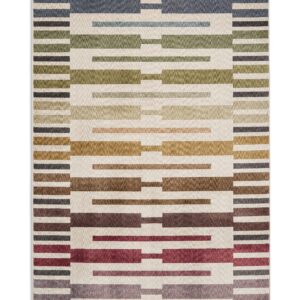 Nova Multi Abstract Rug. Nova rectangular rug shown flat in mixed colours, with staggered horizontal bars in contrasting colours.