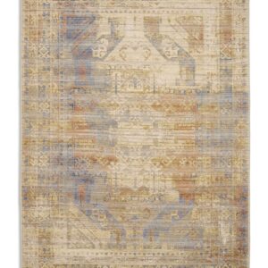 Quartz Blue/Multi Wool Rug. Quartz rectangular rug shown flat in blue and mixed colours, with a softened geometric medallion and mottled pattern.
