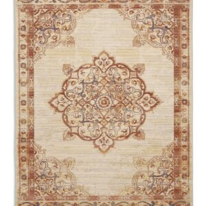 Quartz rectangular rug shown flat in cream and rust, with a central floral medallion on a pale field with an ornate border.