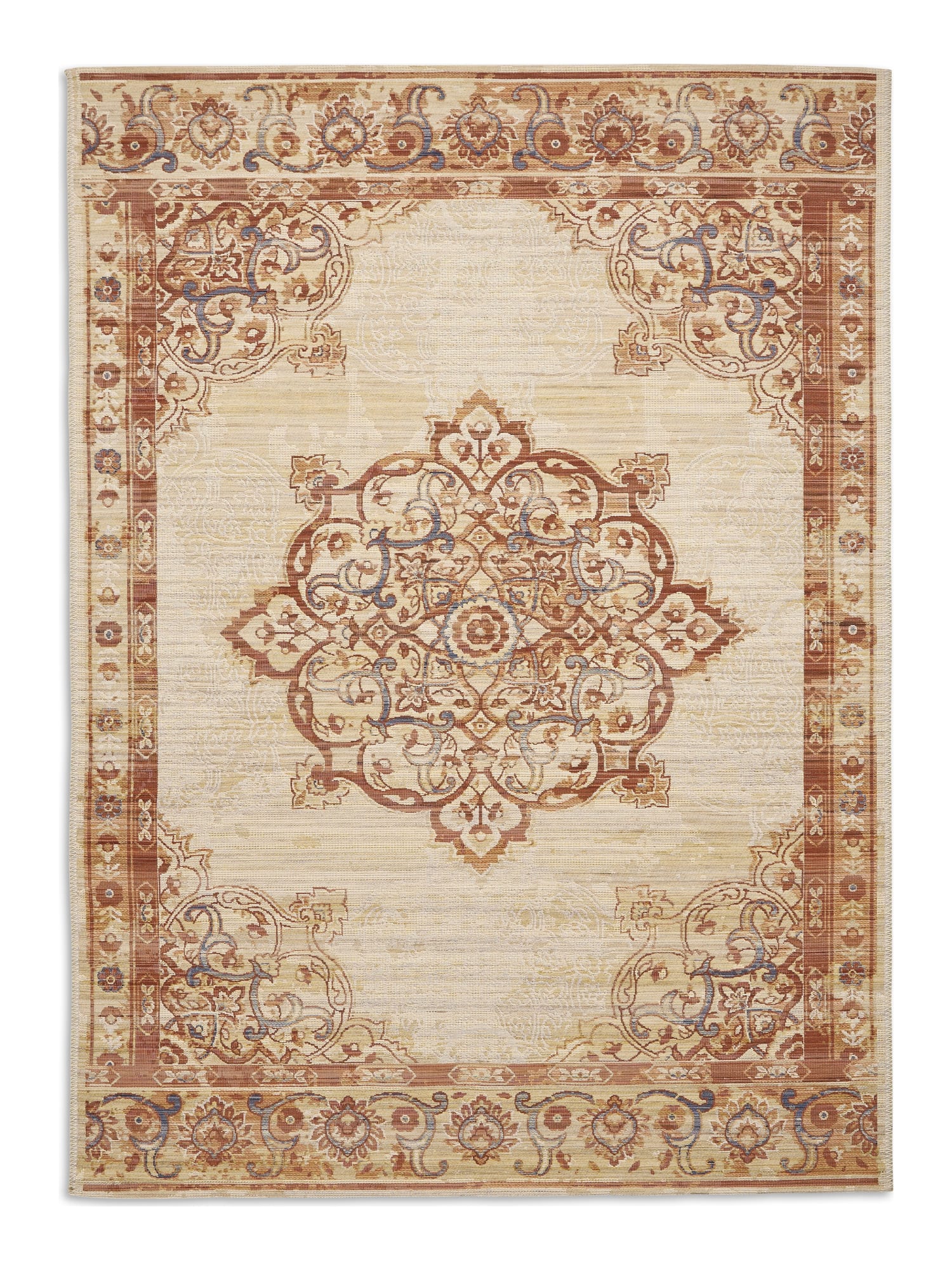 Quartz rectangular rug shown flat in cream and rust, with a central floral medallion on a pale field with an ornate border.