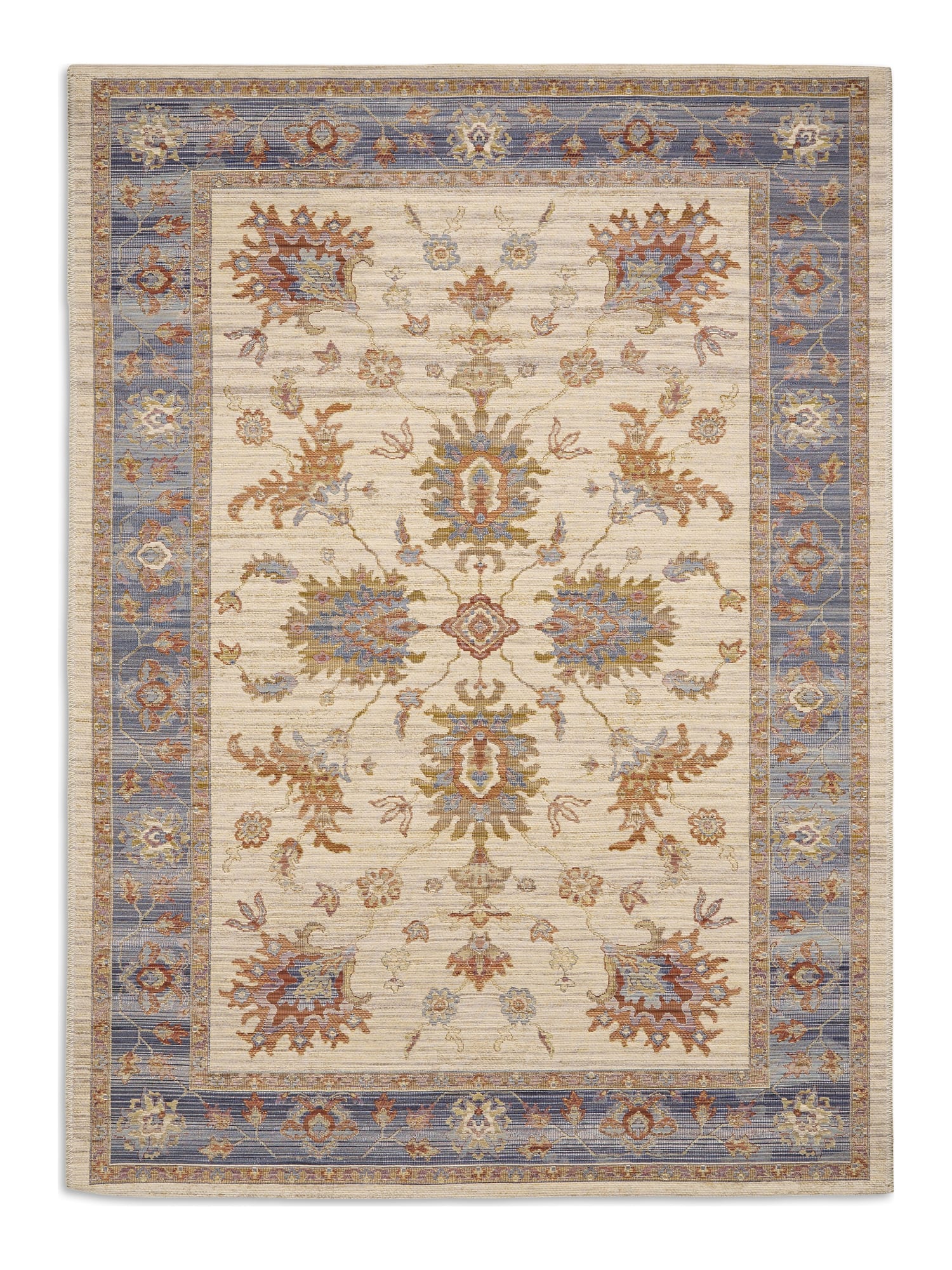 Quartz rectangular rug shown flat in ivory and blue, with branching floral motifs on an ivory field with a blue border.