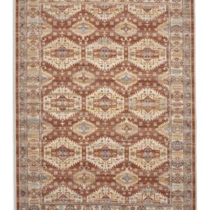 Quartz rectangular rug shown flat in red and cream, with repeating ornamental lozenges within a patterned border.