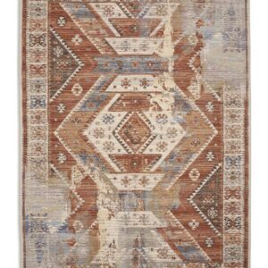 Quartz rectangular rug shown flat in rust and blue, with large angular medallions crossed by faded-looking bands.