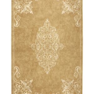 Sarabande rectangular rug shown flat in gold, with a pale ornamental centre with scrolling corner motifs.