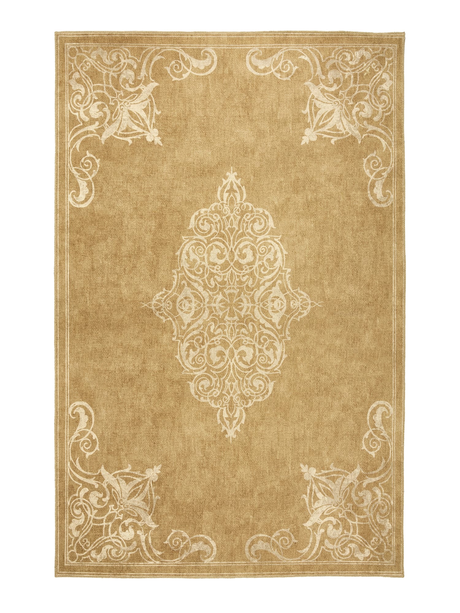 Sarabande rectangular rug shown flat in gold, with a pale ornamental centre with scrolling corner motifs.