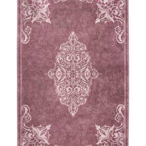 Sarabande rectangular rug shown flat in red, with a pale ornamental centre with scrolling corner motifs.