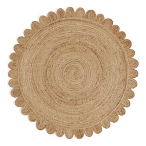 Savannah Jute Scallop round rug shown flat in natural tan, with concentric braided-looking rings and a scalloped outline.
