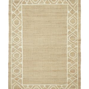 Spartan Diamond Border rectangular rug shown flat in natural and ivory, with an interlocking diamond-patterned border around a plain centre.