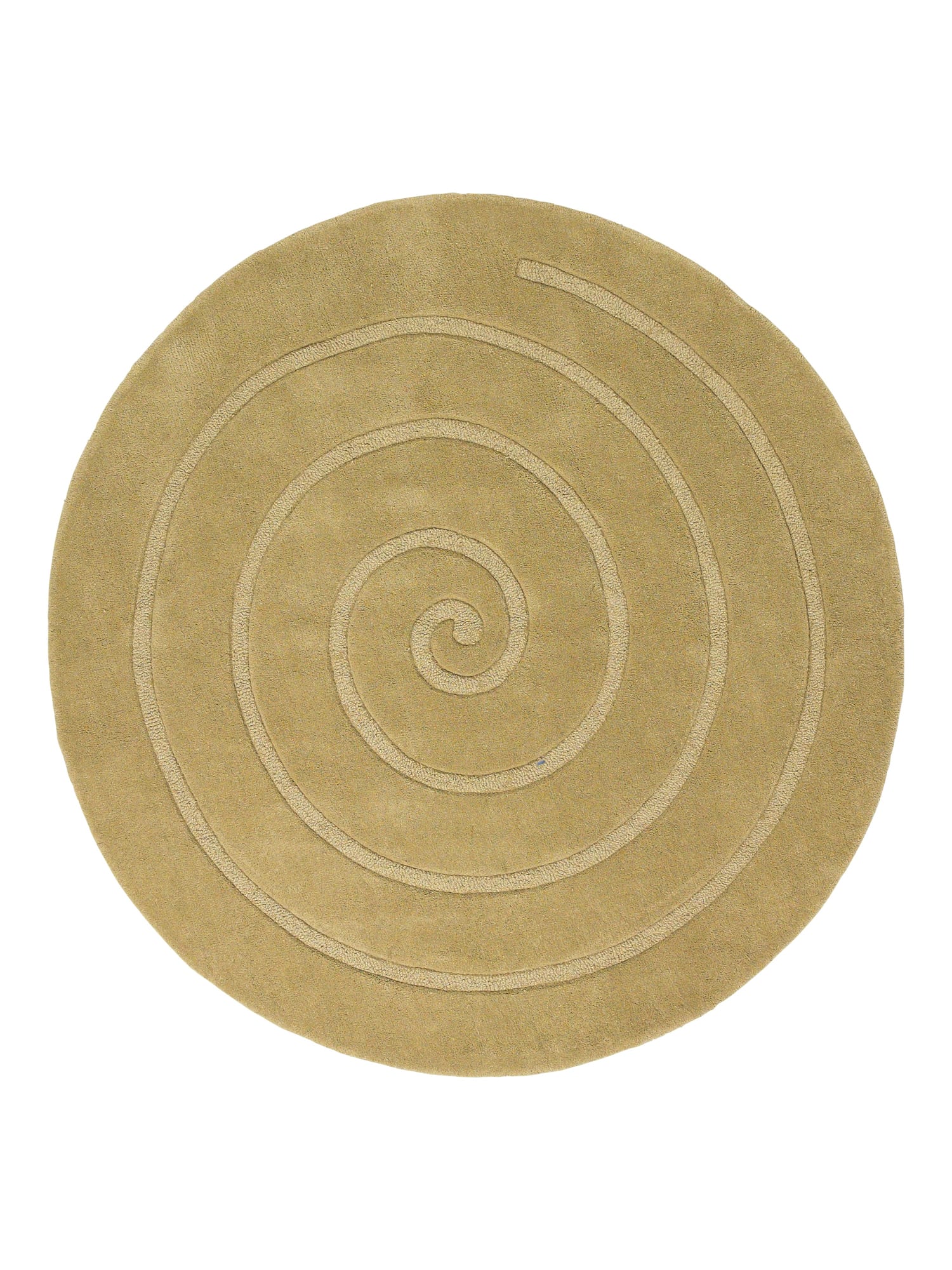 Spiral round rug shown flat in gold, with a single spiral line on a round field.