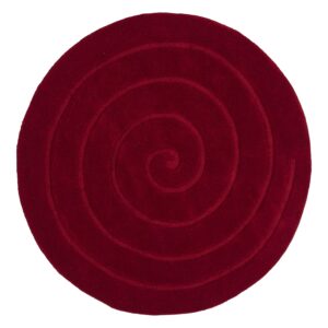 Spiral round rug shown flat in red, with a single spiral line on a round field.