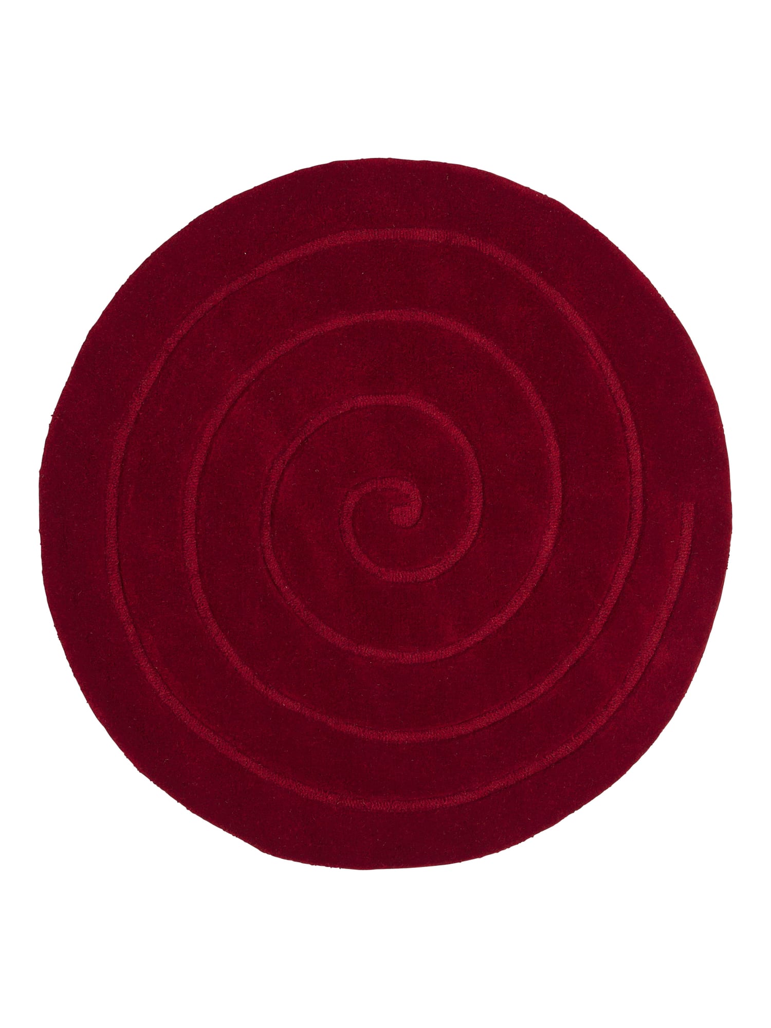 Spiral round rug shown flat in red, with a single spiral line on a round field.