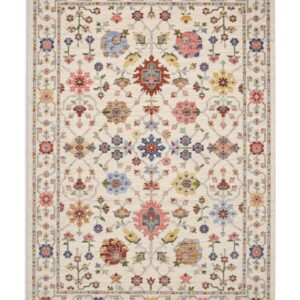 Suzani Cream/Multi Wool-Blend Rug. Suzani rectangular rug shown flat in cream and mixed colours, with small colourful floral motifs and a coordinating border.