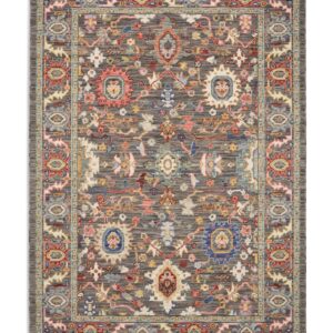 Suzani Dense Floral Grey/Multi Wool-Blend Rug. Suzani Dense Floral rectangular rug shown flat in grey and mixed colours, with dense floral motifs on a darker field with a patterned border.
