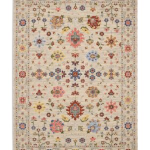 Suzani Stone/Multi Wool-Blend Rug. Suzani rectangular rug shown flat in stone and mixed colours, with small colourful floral motifs and a coordinating border.