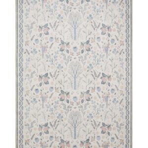 Versailles rectangular rug shown flat in beige and blue, with repeating floral sprays within a scrolling border.