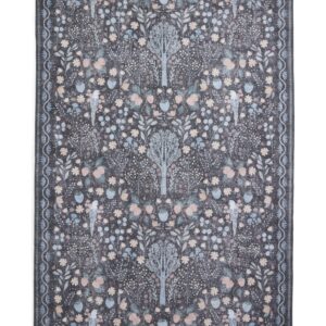Versailles rectangular rug shown flat in black and blue, with repeating floral sprays within a scrolling border.