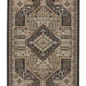 Vesper rectangular rug shown flat in brown and black, with a large angular central medallion and dark corner panels.