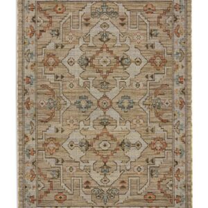 Vesper rectangular rug shown flat in rust and teal, with repeated angular medallions and geometric borders.