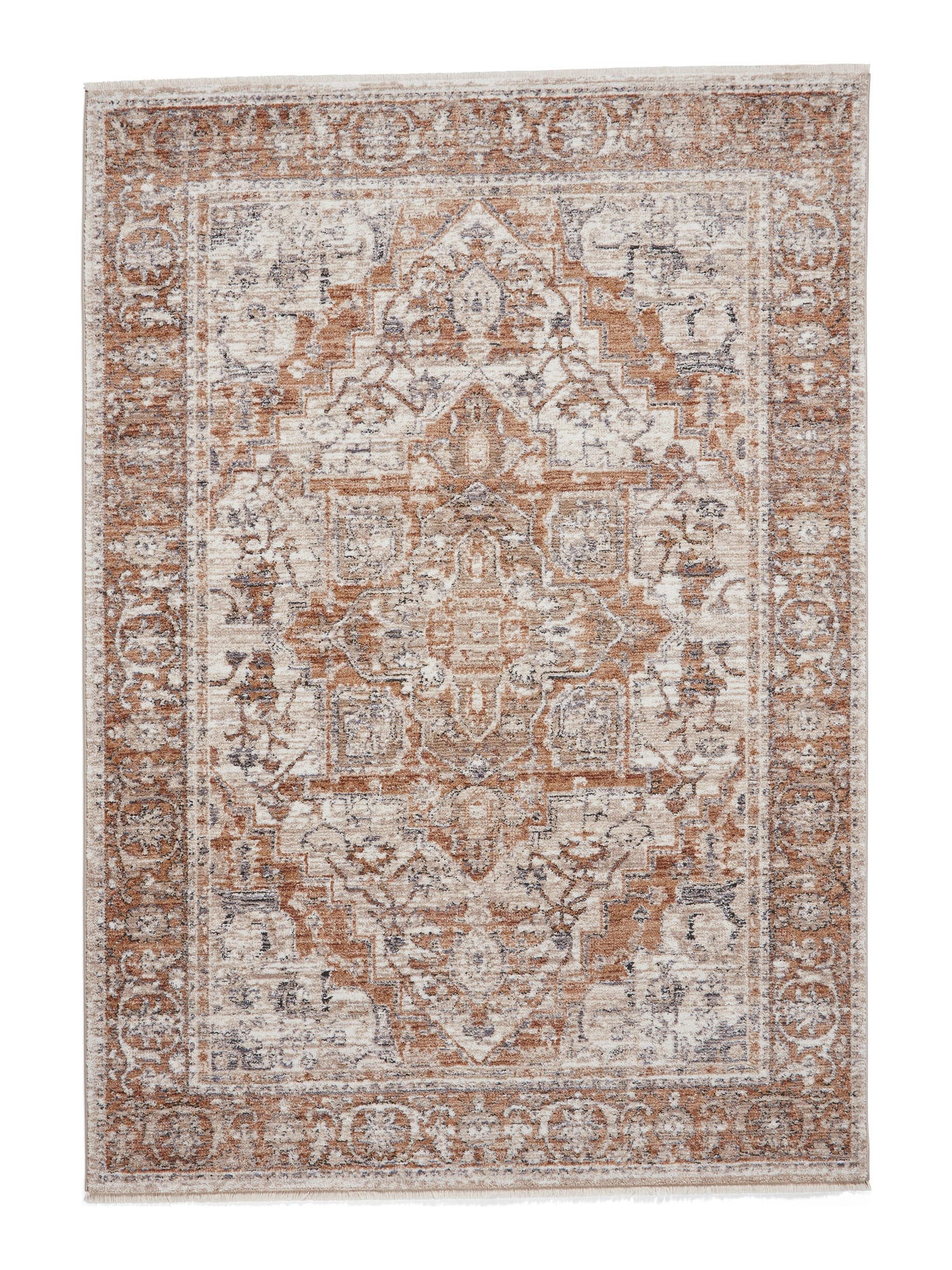 Vintage Medallion rectangular rug shown flat in terracotta, with a faded-looking central medallion and ornate border.