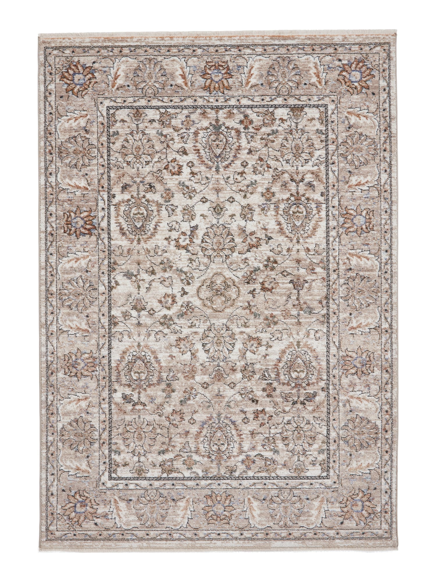 Vintage Ornamental rectangular rug shown flat in beige, with repeating ornamental motifs within a floral border.