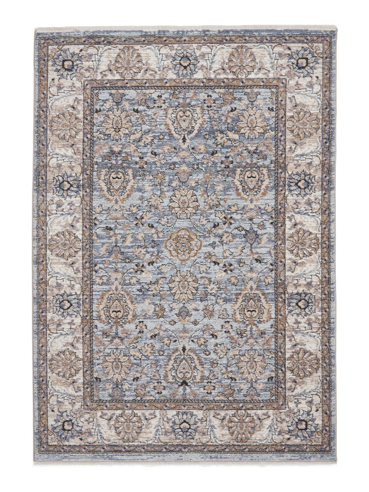 Vintage Ornamental rectangular rug shown flat in blue, with repeating ornamental motifs within a floral border.