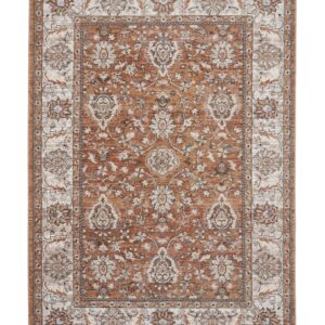Vintage Ornamental rectangular rug shown flat in terracotta, with repeating ornamental motifs within a floral border.