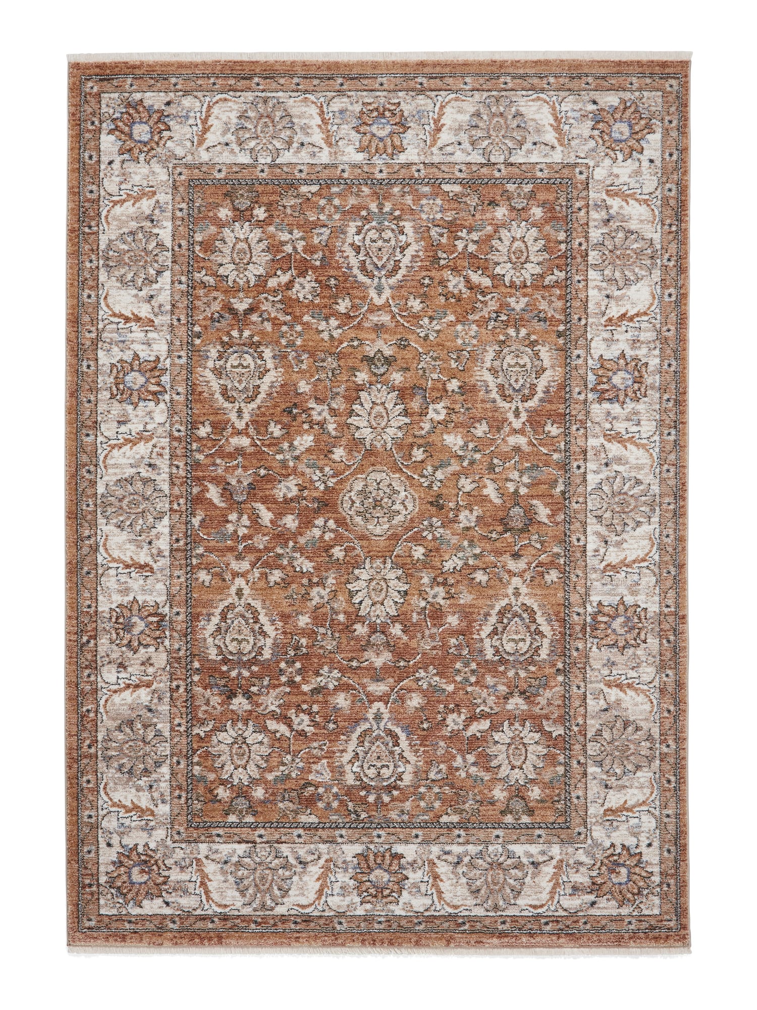 Vintage Ornamental rectangular rug shown flat in terracotta, with repeating ornamental motifs within a floral border.