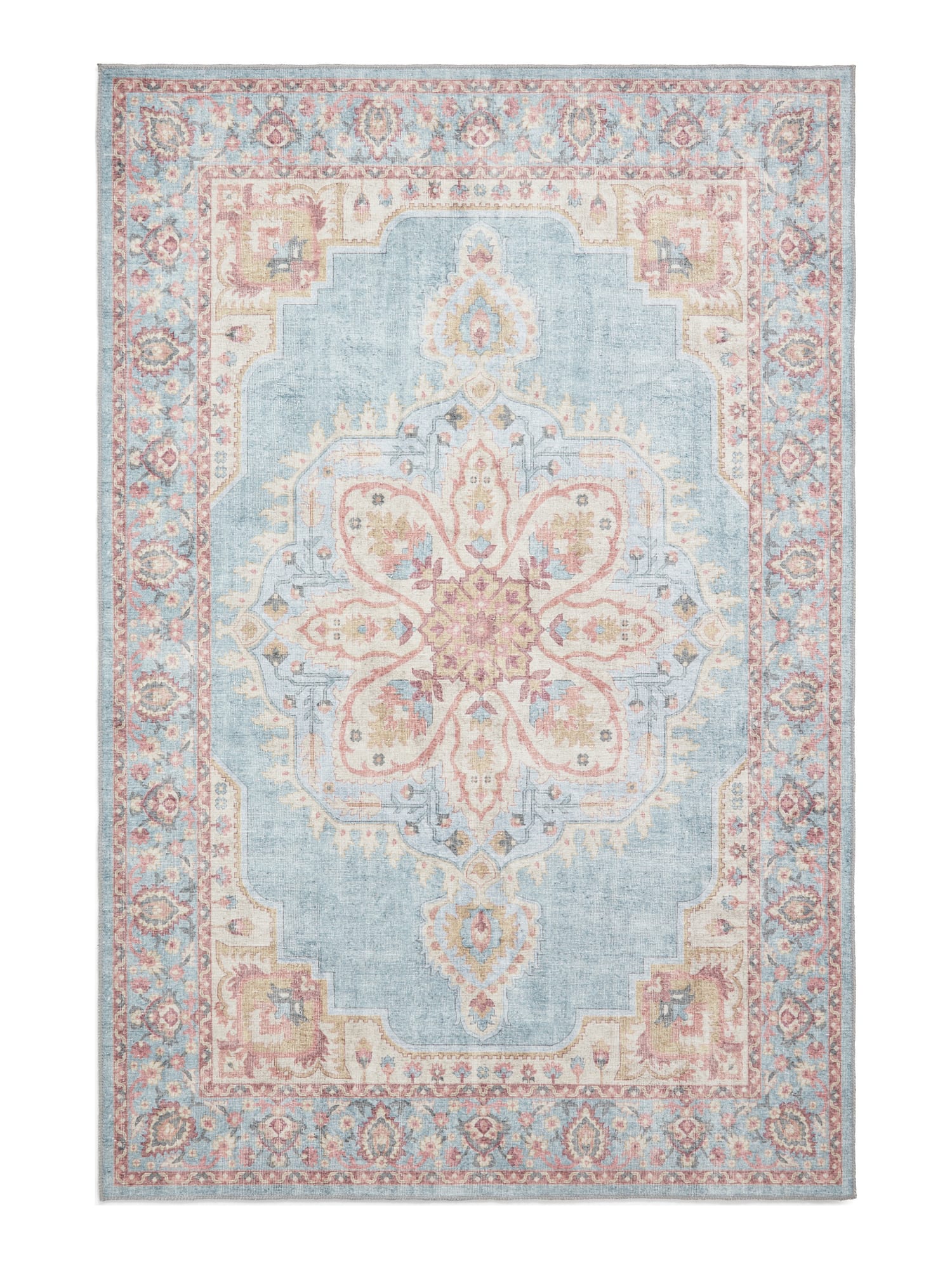 Zahra Washable rectangular rug shown flat in blue and beige, with a large flower-shaped central medallion within an ornate border.