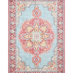 Zahra Washable rectangular rug shown flat in blue and red, with a large flower-shaped central medallion within an ornate border.