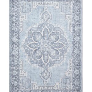 Zahra Washable rectangular rug shown flat in blue, with a large flower-shaped central medallion within an ornate border.
