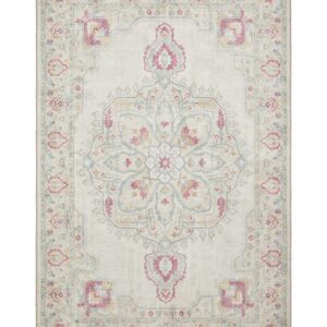 Zahra Washable rectangular rug shown flat in cream, with a large flower-shaped central medallion within an ornate border.