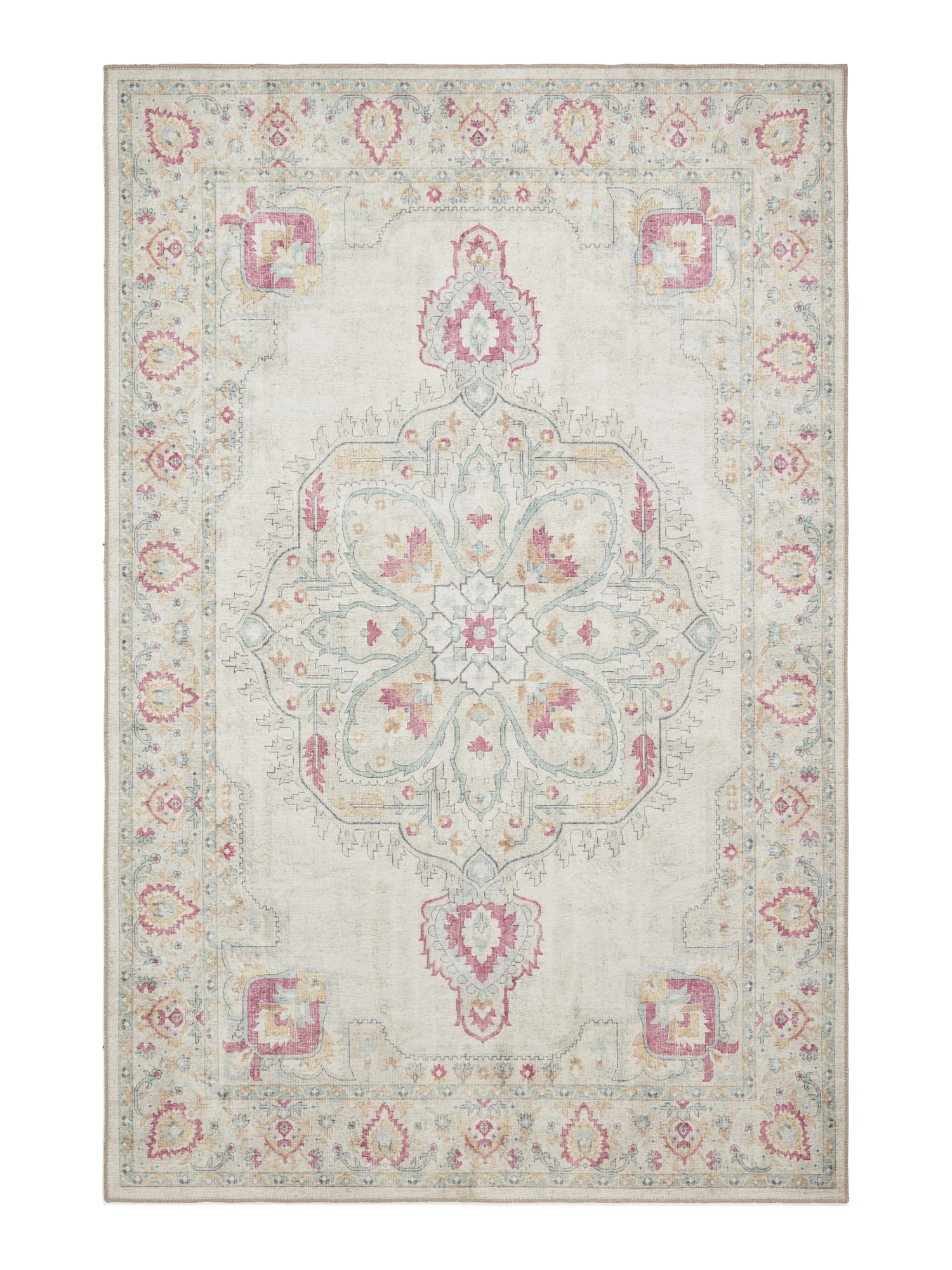 Zahra Washable rectangular rug shown flat in cream, with a large flower-shaped central medallion within an ornate border.