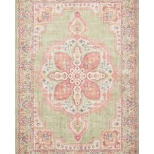 Zahra Washable rectangular rug shown flat in green and pink, with a large flower-shaped central medallion within an ornate border.