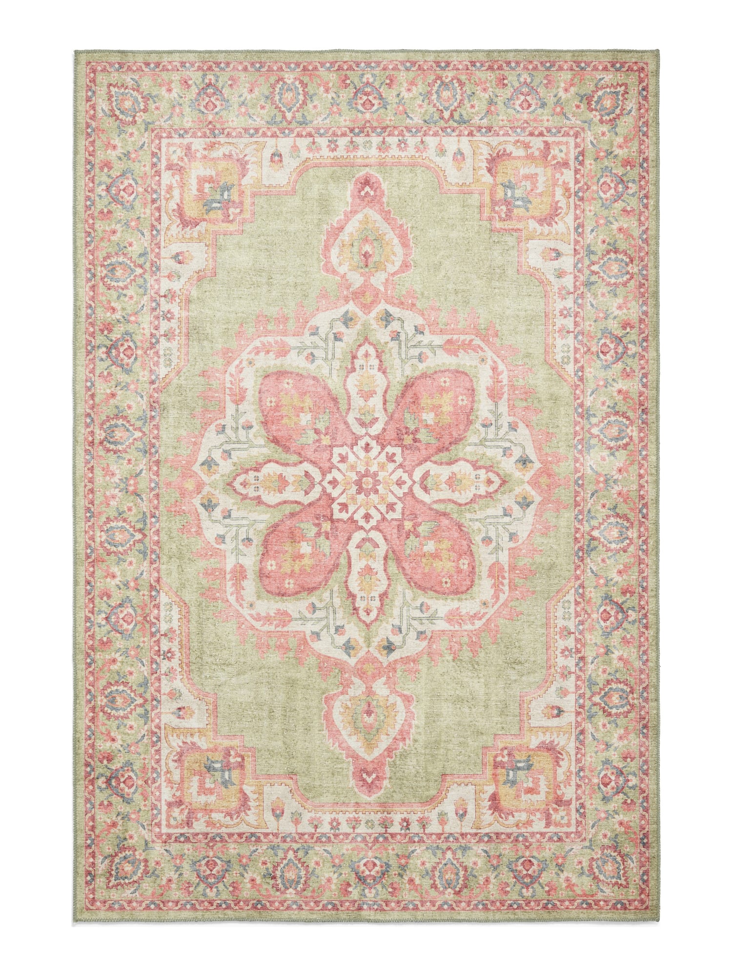 Zahra Washable rectangular rug shown flat in green and pink, with a large flower-shaped central medallion within an ornate border.