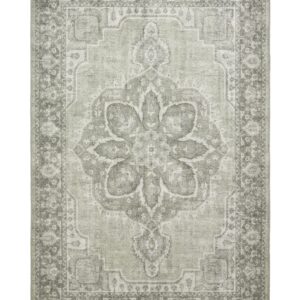 Zahra Washable rectangular rug shown flat in green, with a large flower-shaped central medallion within an ornate border.