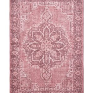 Zahra Washable rectangular rug shown flat in pink, with a large flower-shaped central medallion within an ornate border.