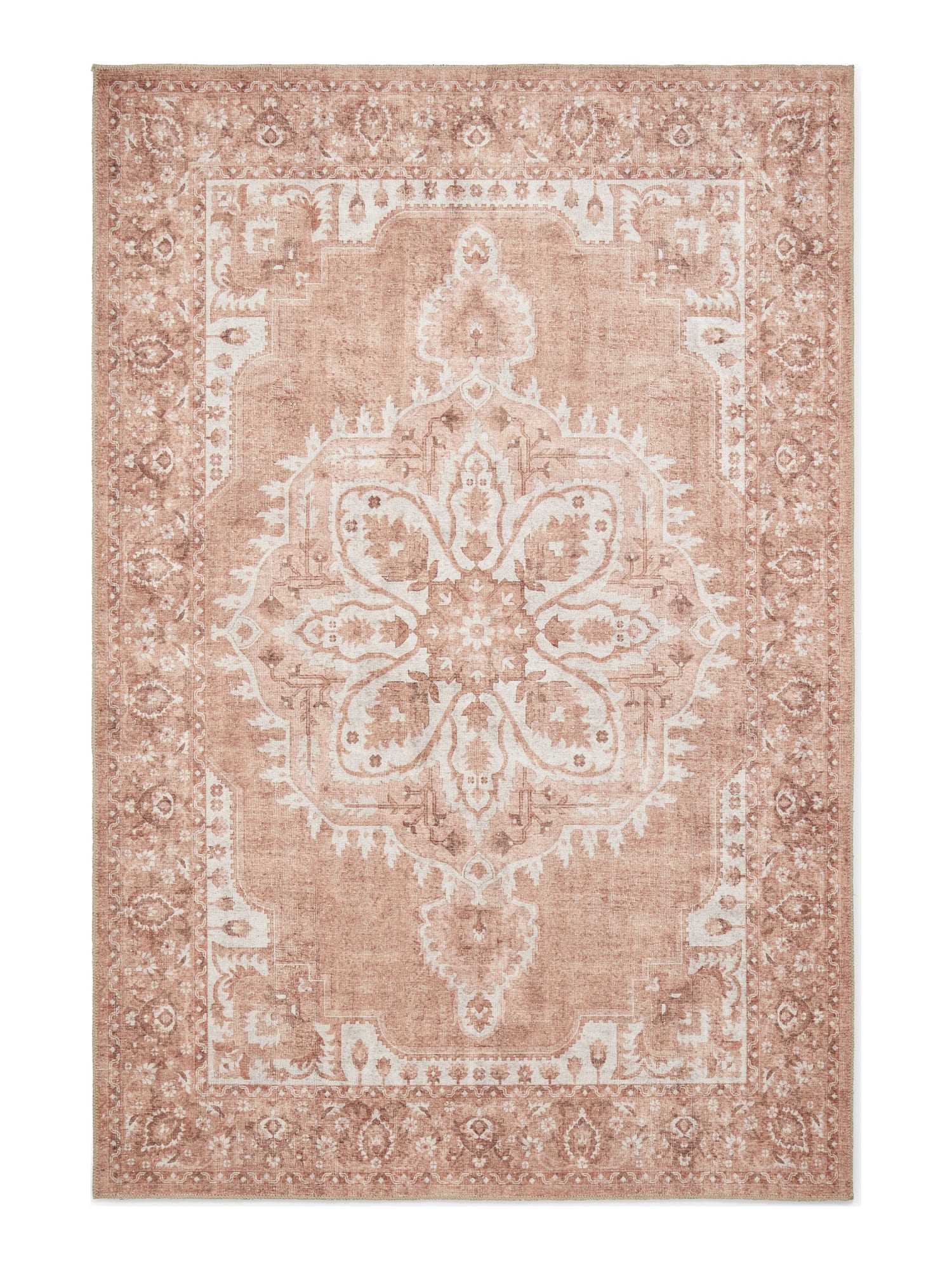 Zahra Washable rectangular rug shown flat in terracotta, with a large flower-shaped central medallion within an ornate border.